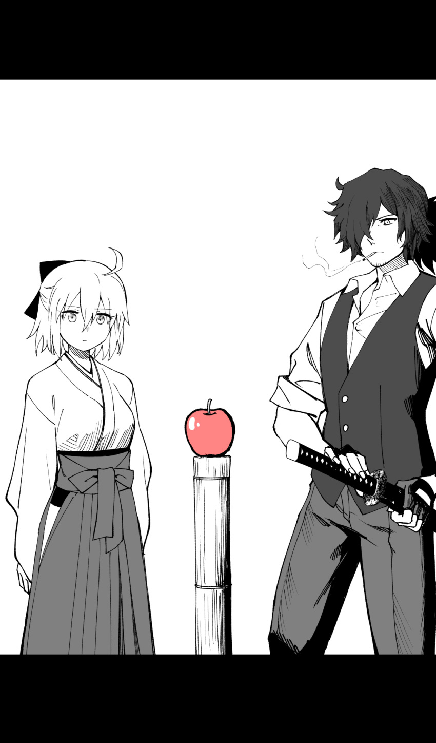 1boy, 1girl, ahoge, apple, bow, breasts, cigarette, closed_mouth