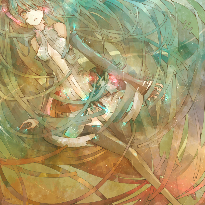 aqua_eyes, aqua_hair, belt, detached_sleeves, digital_dissolve, elbow_gloves, gloves, hair_over_one_eye, hatsune_miku, hatsune_miku_(append), highres, long_hair, miku_append, mizutame_tori, monokuro-wan-wan, navel, necktie, solo, thigh-highs, thighhighs, twintails, very_long_hair, vocaloid, vocaloid_append, zettai_ryouiki