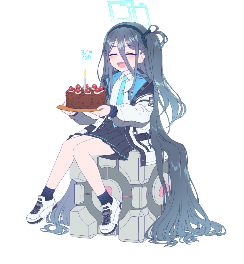 1girl, absurdly_long_hair, absurdres, aperture_science_weighted_companion_cube, aris_(blue_archive), birthday, black_hair, black_hairband