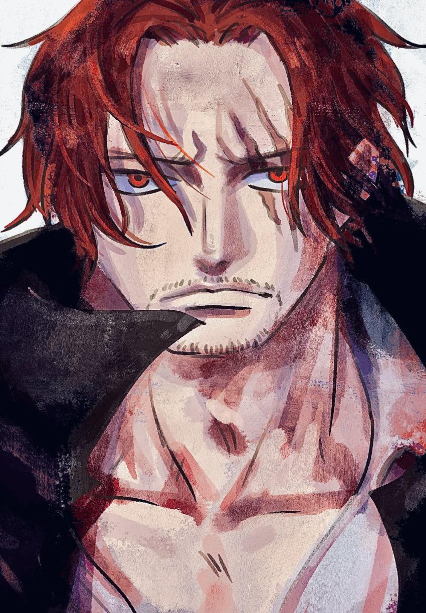 1boy, black_coat, chiyo_(@ch_falgar), closed_mouth, coat, coat_on_shoulders, facial_hair, highres