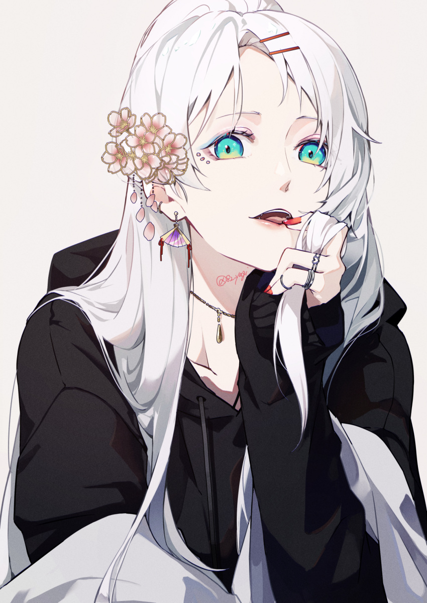 1girl, aqua_eyes, black_hoodie, drawstring, earrings, fan_earrings, fangs, flower