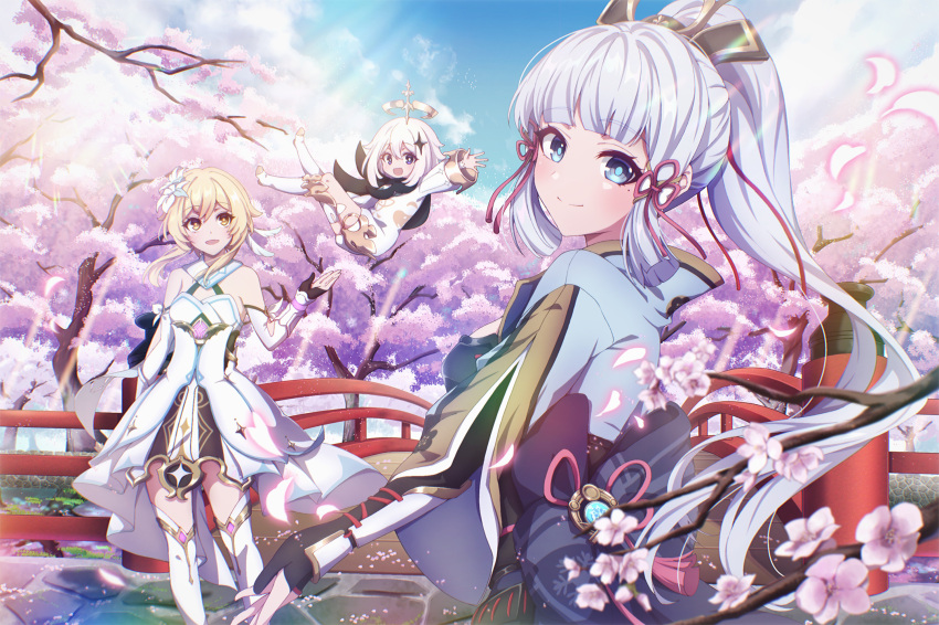 3girls, :d, arch_bridge, arm_up, armor, back_bow, bare_shoulders, black_cape, black_eyes, black_gloves, blonde_hair, blue_bow, blue_eyes, blue_skirt, blue_sky, blunt_bangs, blush, boots, bow, branch, breastplate, bridge, bright_pupils, cape, cherry_blossoms, chinese_wolfberry, closed_mouth, clouds, commentary_request, day, dress, eyelashes, feather_hair_ornament, feathers, fence, floating_hair, flower, flying, forest, genshin_impact, gloves, gold_trim, hair_between_eyes, hair_flower, hair_ornament, hair_ribbon, hair_tubes, halo, hand_up, high_ponytail, highres, japanese_armor, japanese_clothes, kamisato_ayaka, kusazuri, light_rays, long_hair, looking_at_viewer, looking_back, lumine_(genshin_impact), medium_hair, mole, mole_under_eye, multiple_girls, nature, open_mouth, outdoors, paimon_(genshin_impact), partially_fingerless_gloves, petals, pink_flower, pink_ribbon, ponytail, ribbon, short_hair, short_hair_with_long_locks, sidelocks, single_thighhigh, skirt, sky, sleeveless, sleeveless_dress, smile, standing, star_(symbol), star_hair_ornament, sunlight, thigh-highs, thigh_boots, tree, vambraces, vision_(genshin_impact), white_dress, white_flower, white_footwear, white_hair, white_pupils, white_thighhighs, yellow_eyes
