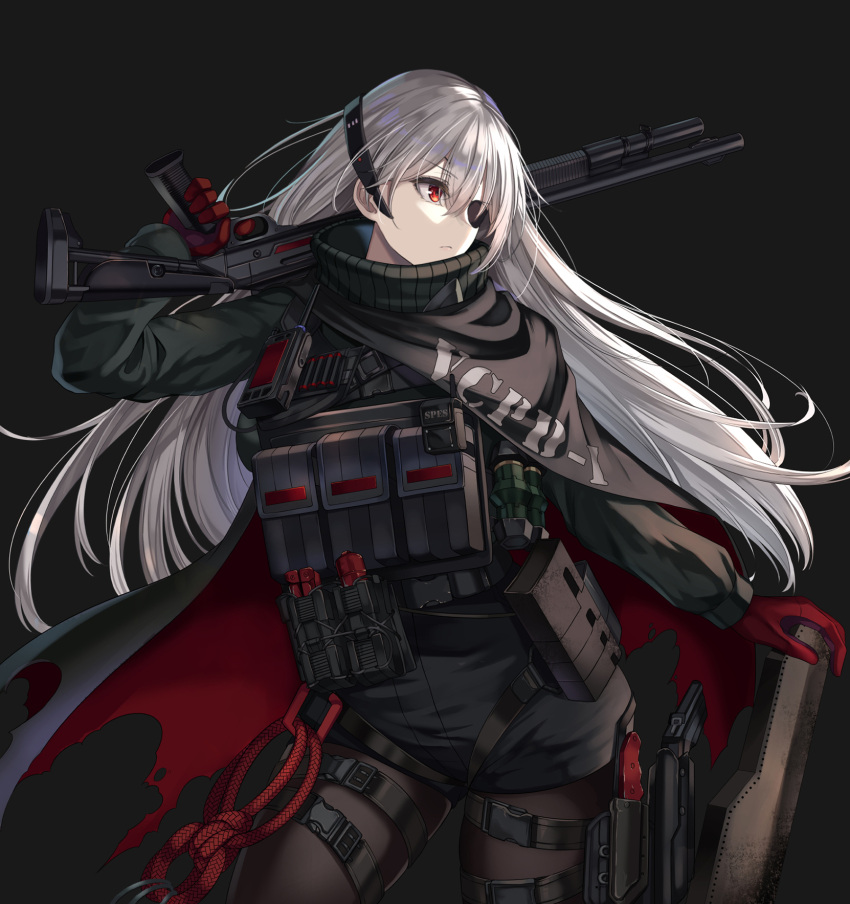 black_background, black_pantyhose, black_skirt, cenangam, evelyn_(girls'_frontline_nc), eyepatch, girls'_frontline_neural_cloud, gloves, green_shirt, gun, highres, holding, holding_gun, holding_weapon, long_hair, pantyhose, red_eyes, red_gloves, shirt, shotgun, simple_background, skirt, weapon, white_hair