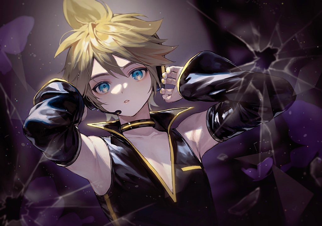 1boy, armpits, bare_shoulders, black_shirt, black_sleeves, blonde_hair, blue_eyes, broken_glass