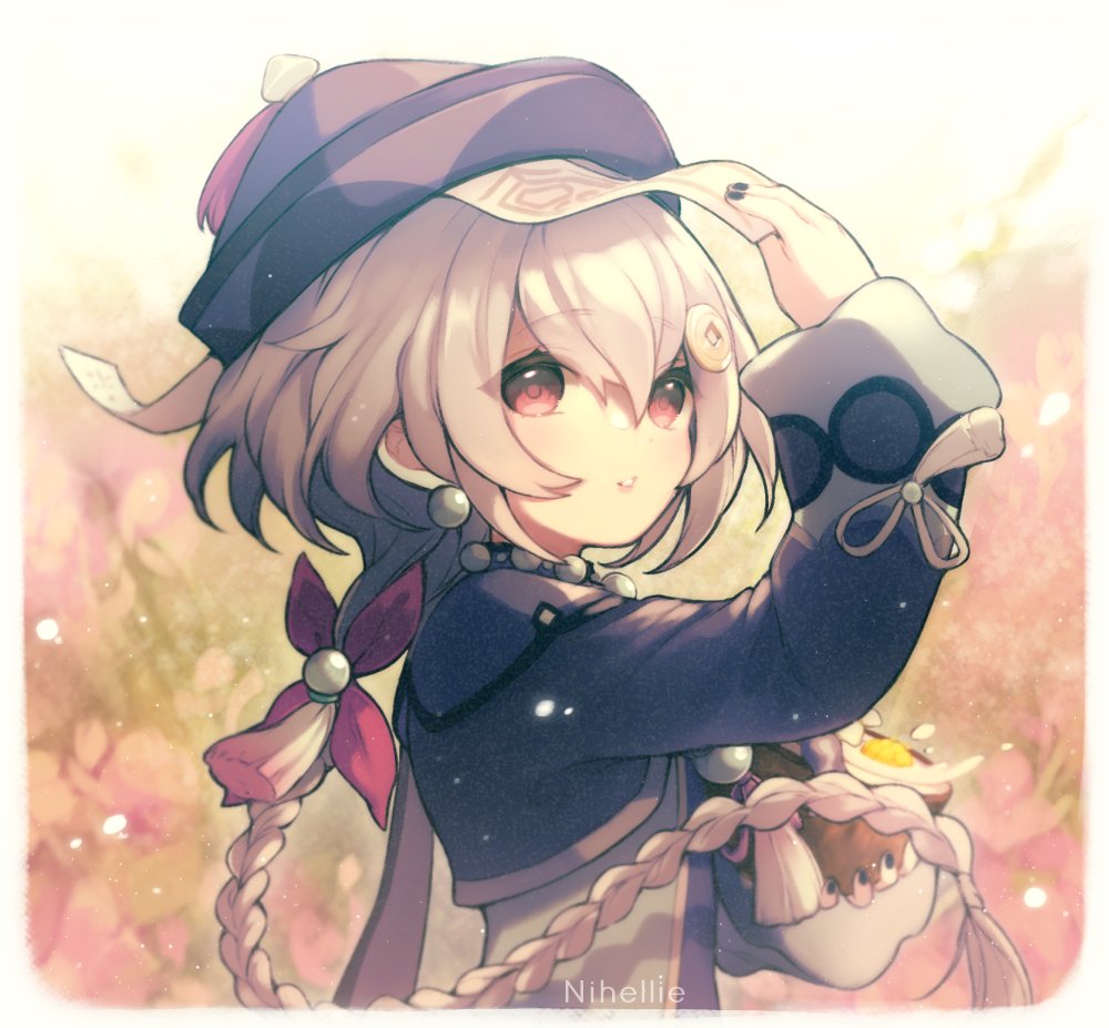 1girl, bead_necklace, beads, braid, braided_ponytail, genshin_impact, hat, jewelry