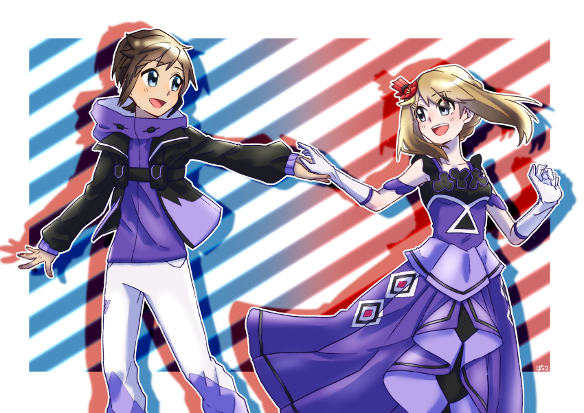 1boy, 1girl, absurdres, alternate_color, brendan_(pokemon), brendan_(sygna_suit)_(pokemon), brown_hair, dress