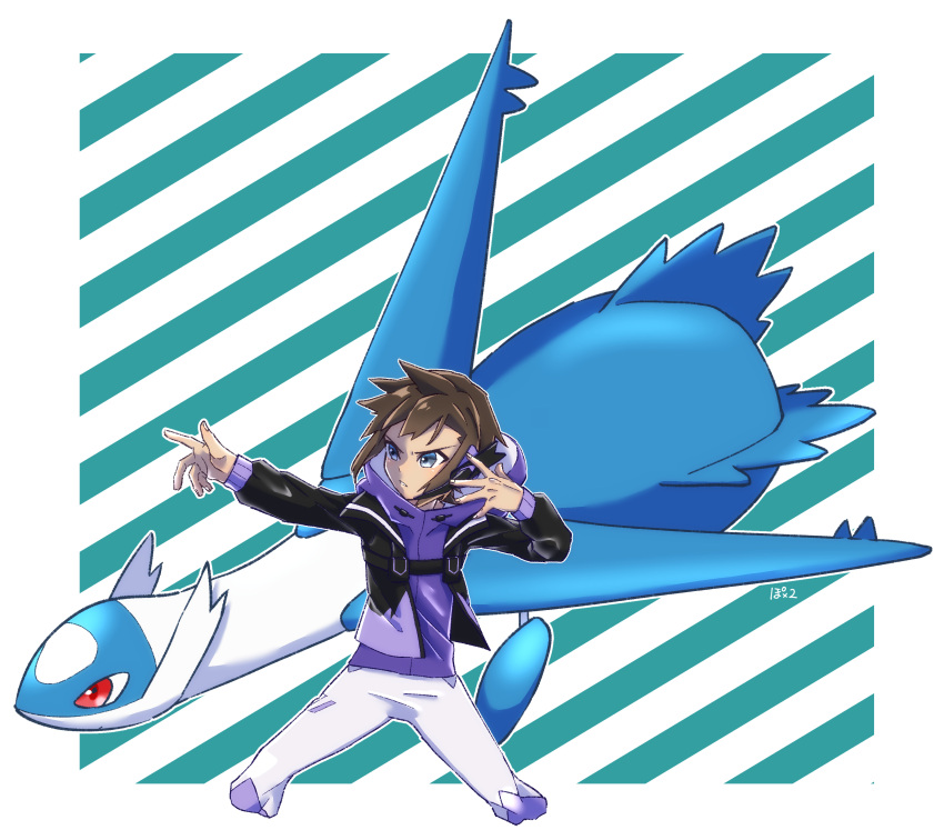 1boy, absurdres, alternate_color, brendan_(pokemon), brendan_(sygna_suit)_(pokemon), brown_hair, cropped_legs, earpiece