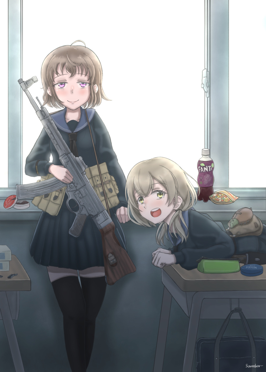 2girls, absurdres, against_wall, ammunition_pouch, artist_name, assault_rifle, bag, bag_removed