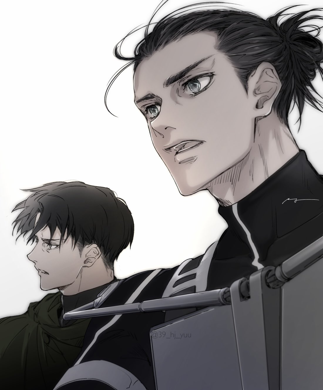 2boys, black_hair, brown_hair, eren_yeager, green_eyes, hair_bun, highres, levi_(shingeki_no_kyojin), male_focus, multiple_boys, open_mouth, shingeki_no_kyojin, short_hair, simple_background, undercut, white_background, yuu_(39_hj_yuu)