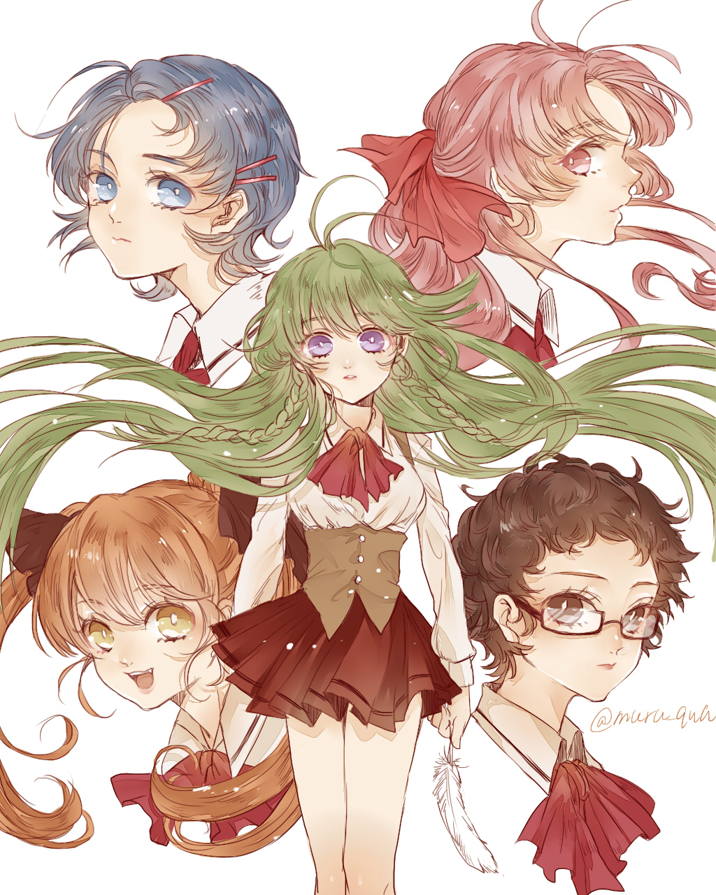 5girls, antenna_hair, blue_eyes, blue_hair, braid, brown_hair, collared_shirt, cropped_shoulders