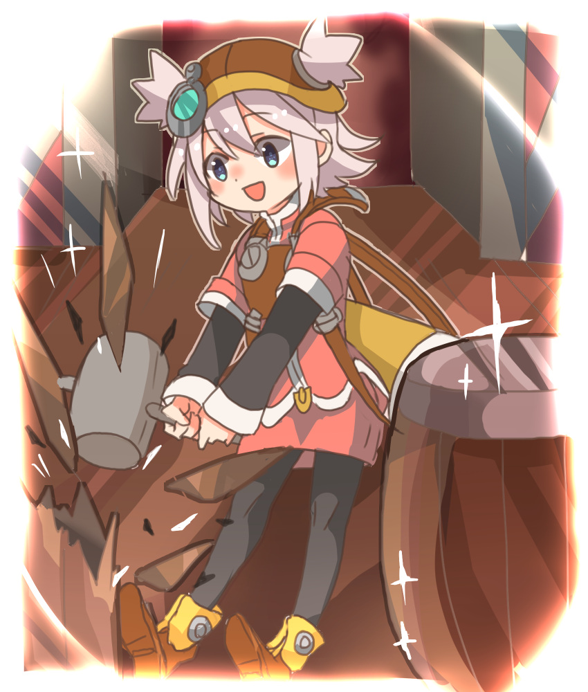 1girl, 69871, blue_eyes, blush, brown_headwear, full_body, hammer, hat, highres, holding, holding_hammer, jacket, long_sleeves, open_mouth, pratty, red_jacket, red_skirt, skirt, smile, solo, standing, summon_night, summon_night_swordcraft_story, twintails, two_side_up, white_hair