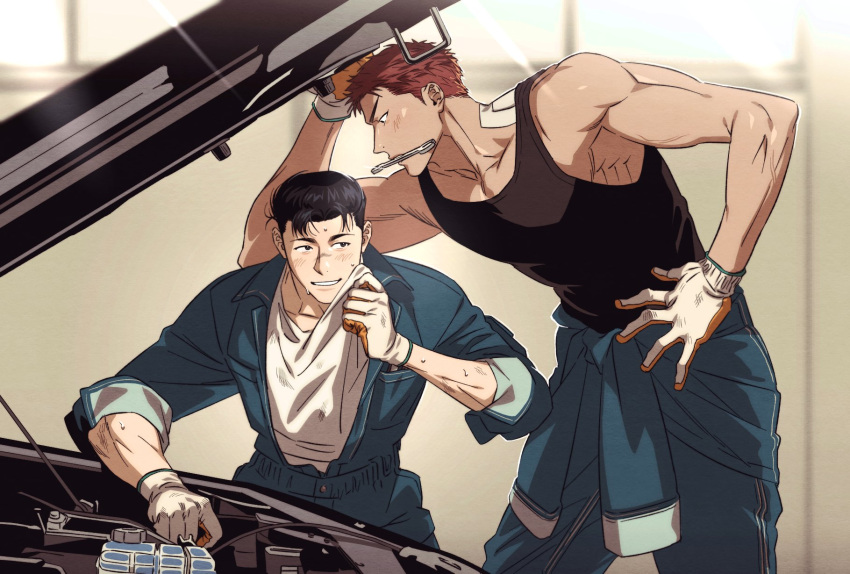 black_eyes, black_hair, blush, car, garage, gloves, highres, light_smile, mechanic, motor_vehicle, redhead, repairing, tank_top, tektek070