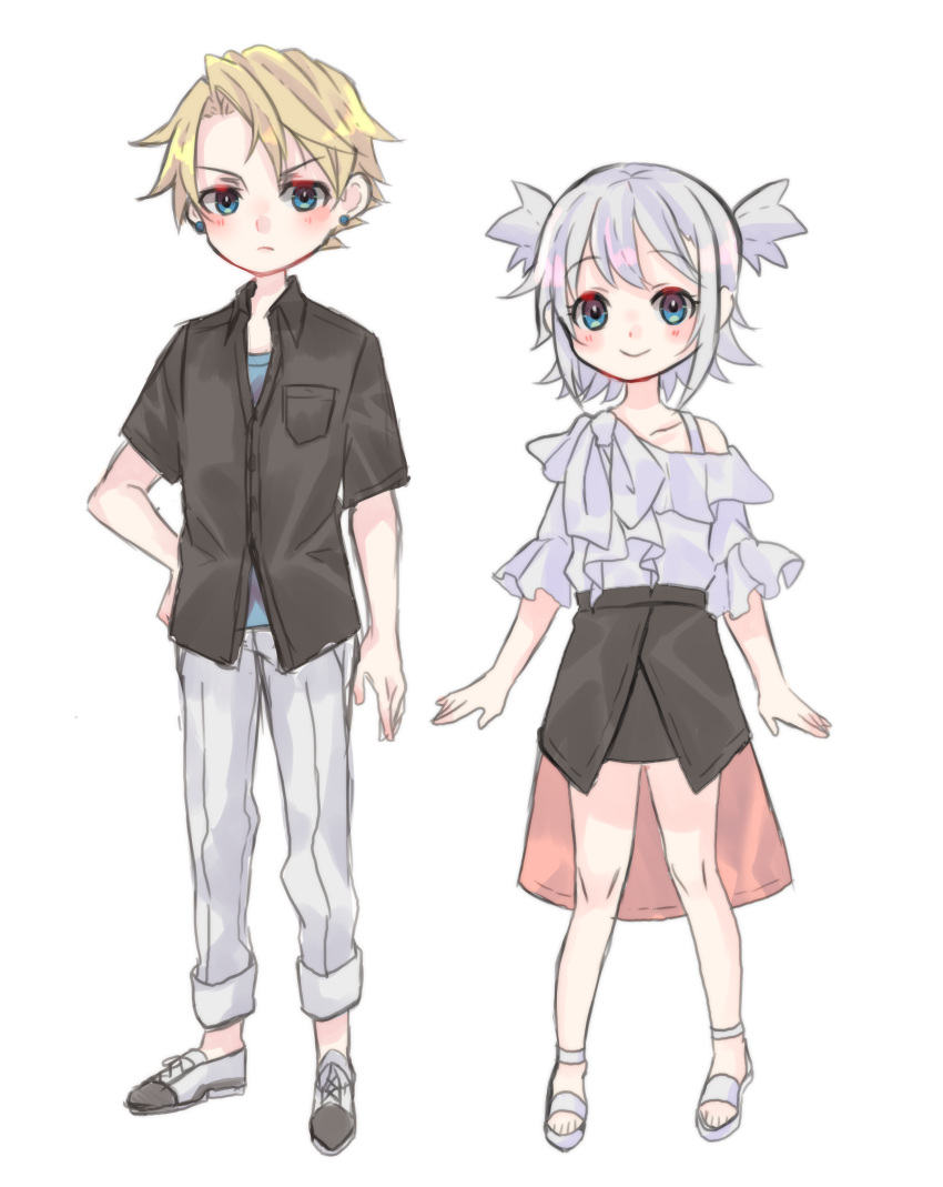 1boy, 1girl, 69871, absurdres, black_skirt, blonde_hair, blue_sky, blush
