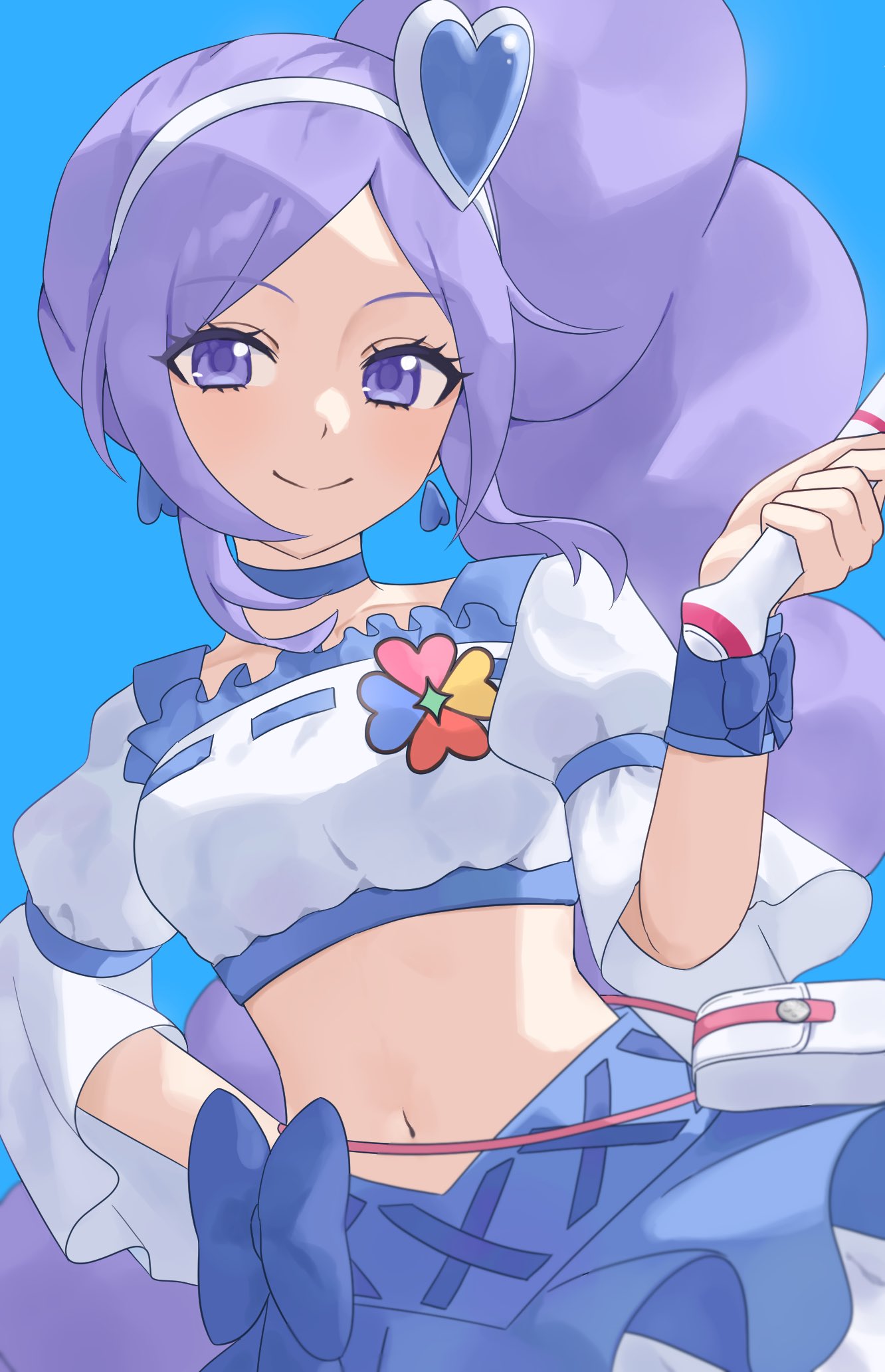 1girl, aono_miki, bandeau, berry_sword, blue_background, blue_choker, blue_skirt, breasts