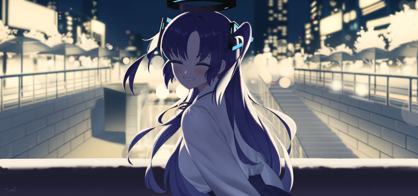 1girl, ^_^, absurdres, blue_archive, blurry, blurry_background, blush, breasts
