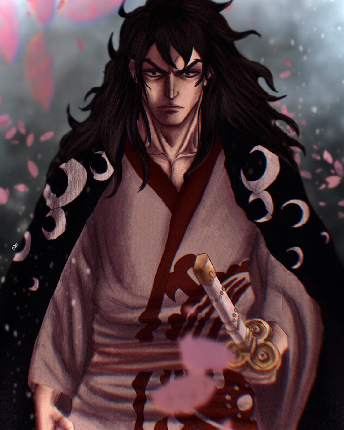 1boy, black_hair, closed_mouth, falling_petals, highres, japanese_clothes, katana, long_hair