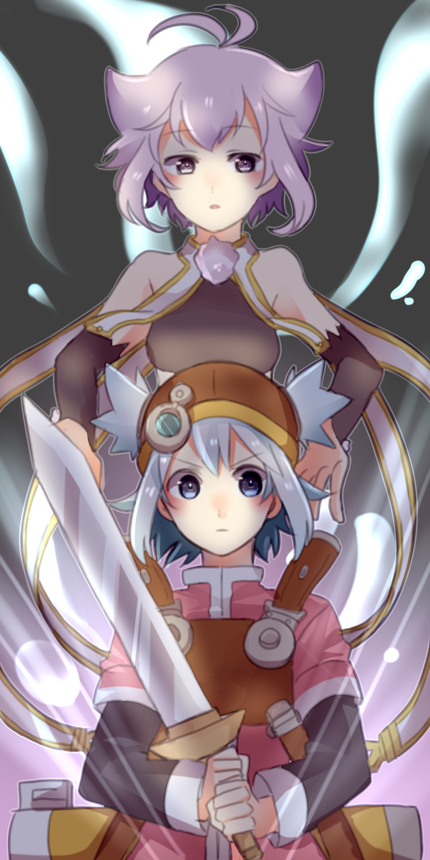 2girls, 69871, absurdres, black_background, blue_eyes, brown_headwear, hat, highres