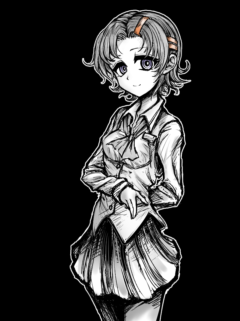 1girl, black_background, collared_shirt, commentary_request, cowboy_shot, hair_ornament, hairclip, long_sleeves