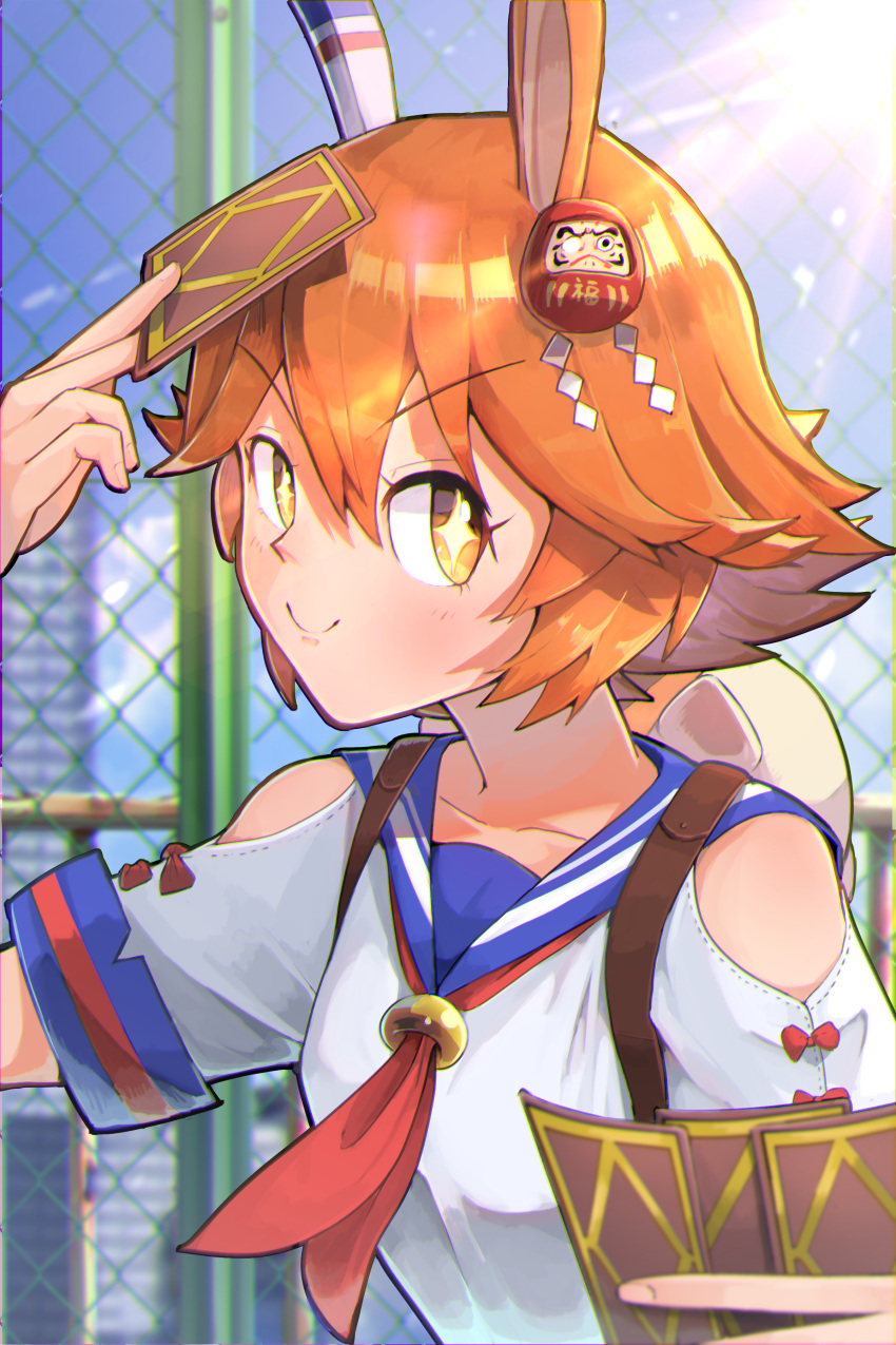 +_+, 1girl, absurdres, animal_ears, blue_serafuku, blue_sky, card, closed_mouth