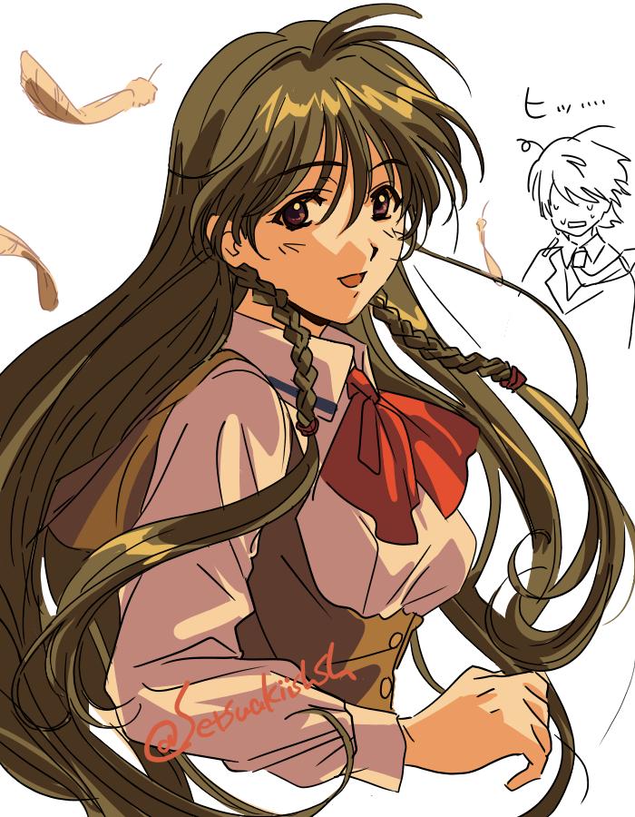 1boy, 1girl, antenna_hair, braid, brown_eyes, collared_shirt, cropped_torso, feathers