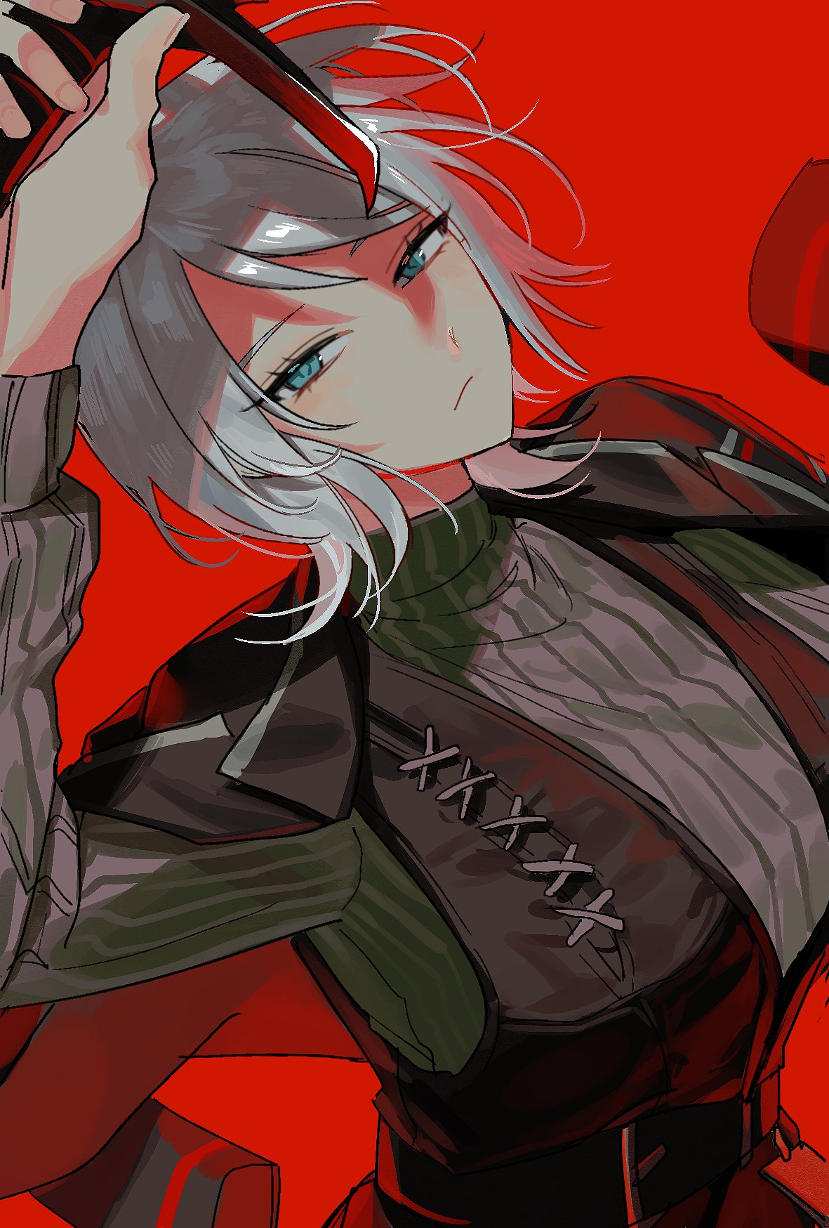 1girl, black_sweater, black_vest, blue_eyes, closed_mouth, faust_(limbus_company), grey_hair, half-closed_eyes