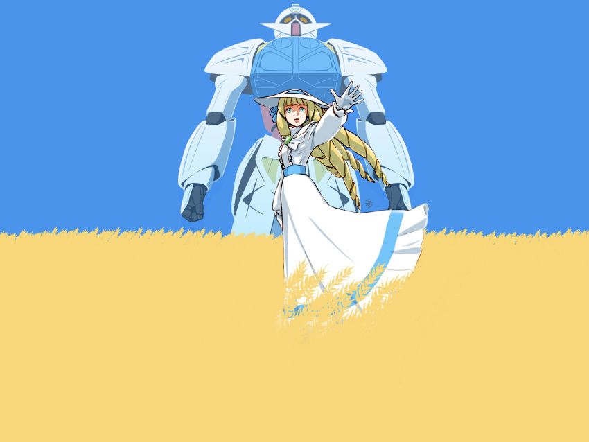 1girl, aobito_sukoyaka_bystander, blonde_hair, blue_eyes, blue_sky, blunt_bangs, center_frills, commentary_request, dress, drill_hair, facial_hair, frills, gloves, gundam, highres, kihel_heim, long_dress, long_hair, long_sleeves, looking_away, mecha, mobile_suit, mustache, outstretched_arm, robot, science_fiction, sky, standing, turn_a_gundam, turn_a_gundam_(mobile_suit), ukrainian_flag, wheat_field, white_dress, white_gloves, white_headwear, wind, yellow_eyes