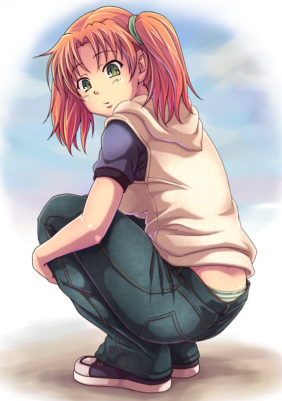 downpants, e20, green_eyes, hair_ribbon, hoodie, jeans, looking_back, nakano_minori