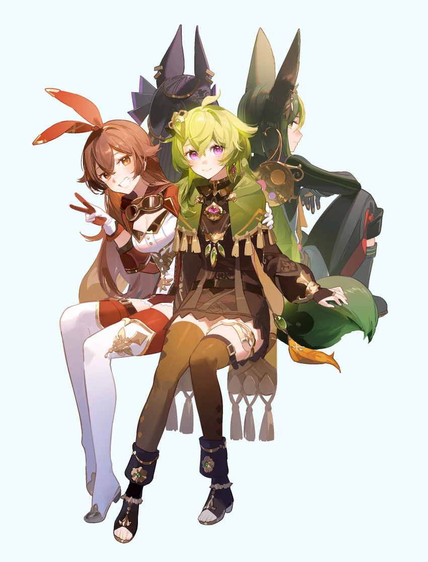 2boys, 2girls, absurdres, amber_(100_outrider)_(genshin_impact), amber_(genshin_impact), animal_ears, ankle_boots, black_footwear