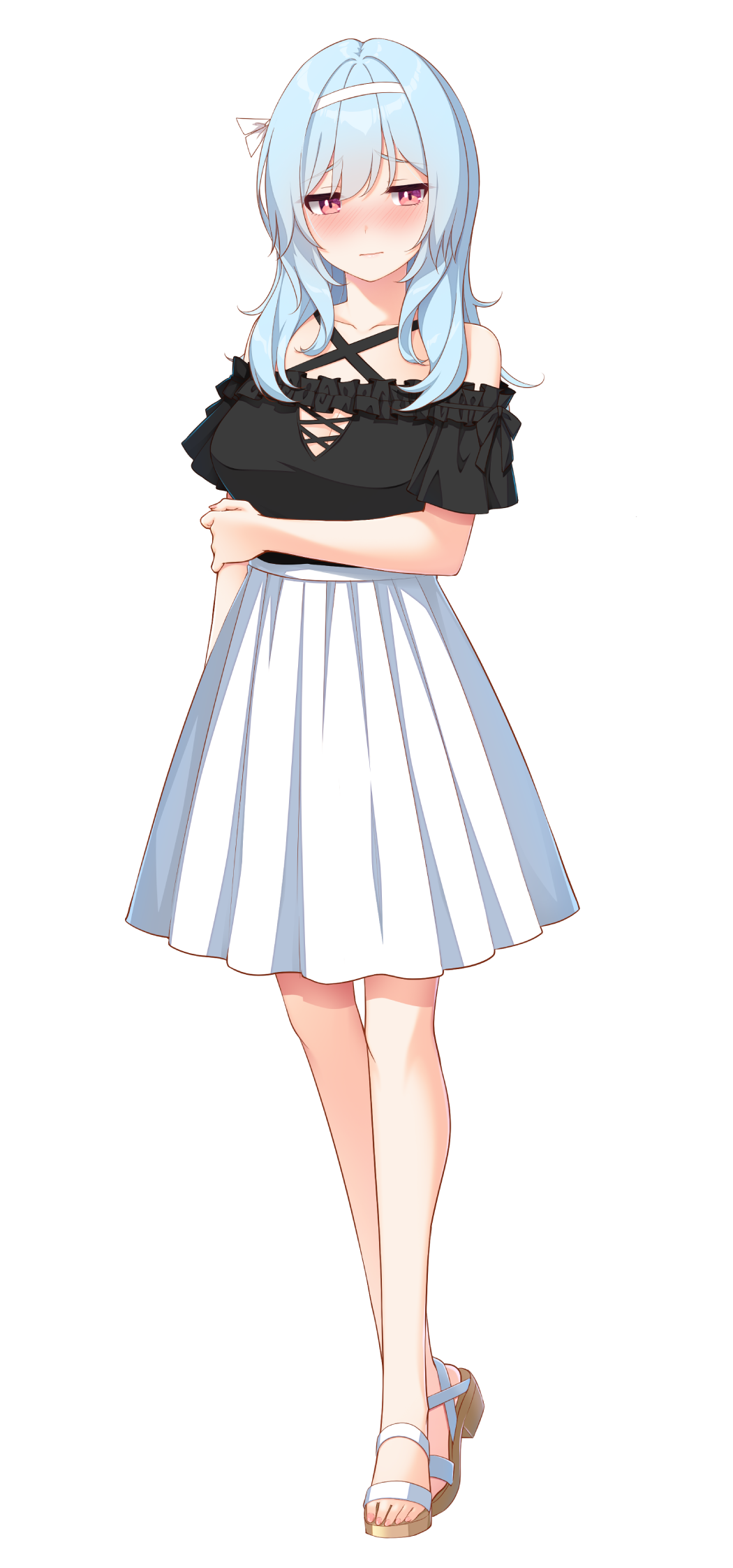 1girl, arm_under_breasts, blue_hair, blush, dress, full_body, go-1, hairband