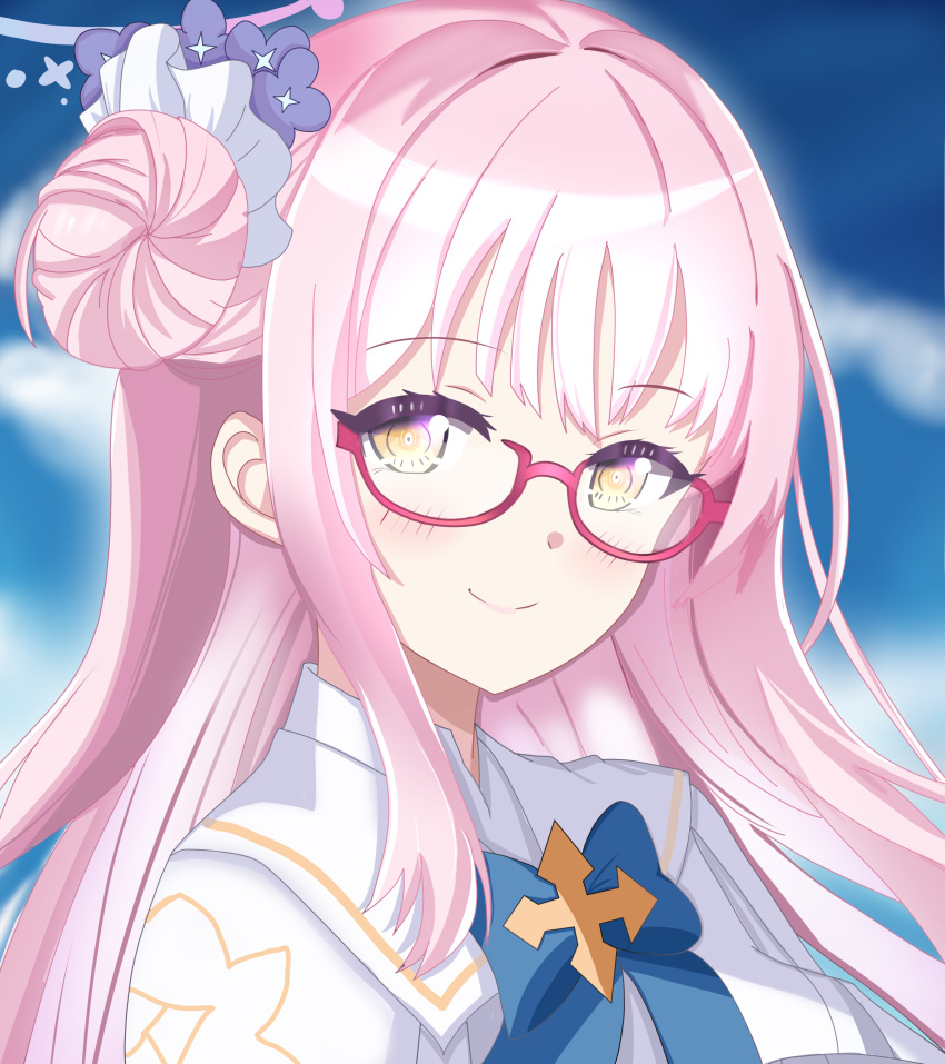 1girl, absurdres, bespectacled, blue_archive, blue_sky, blunt_bangs, bow, capelet