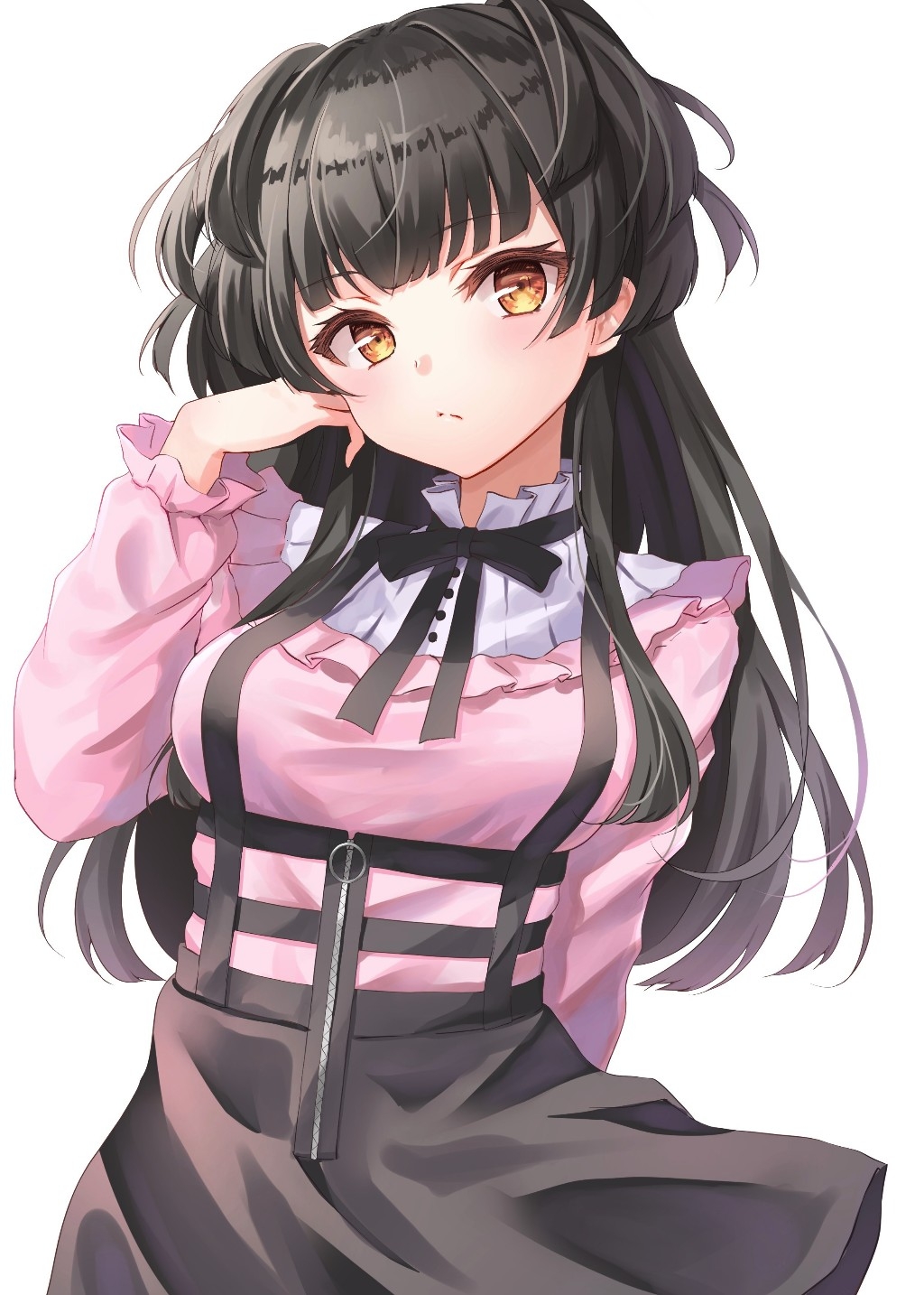 1girl, arm_behind_back, black_hair, black_ribbon, black_skirt, blunt_bangs, blush, brown_eyes, closed_mouth, frilled_shirt, frills, hand_on_own_face, highres, idolmaster, idolmaster_shiny_colors, long_hair, long_sleeves, looking_at_viewer, mayuzumi_fuyuko, pamu_(pamu53621378), pink_shirt, ribbon, shirt, simple_background, skirt, solo, standing, suspender_skirt, suspenders, two_side_up, white_background, zipper