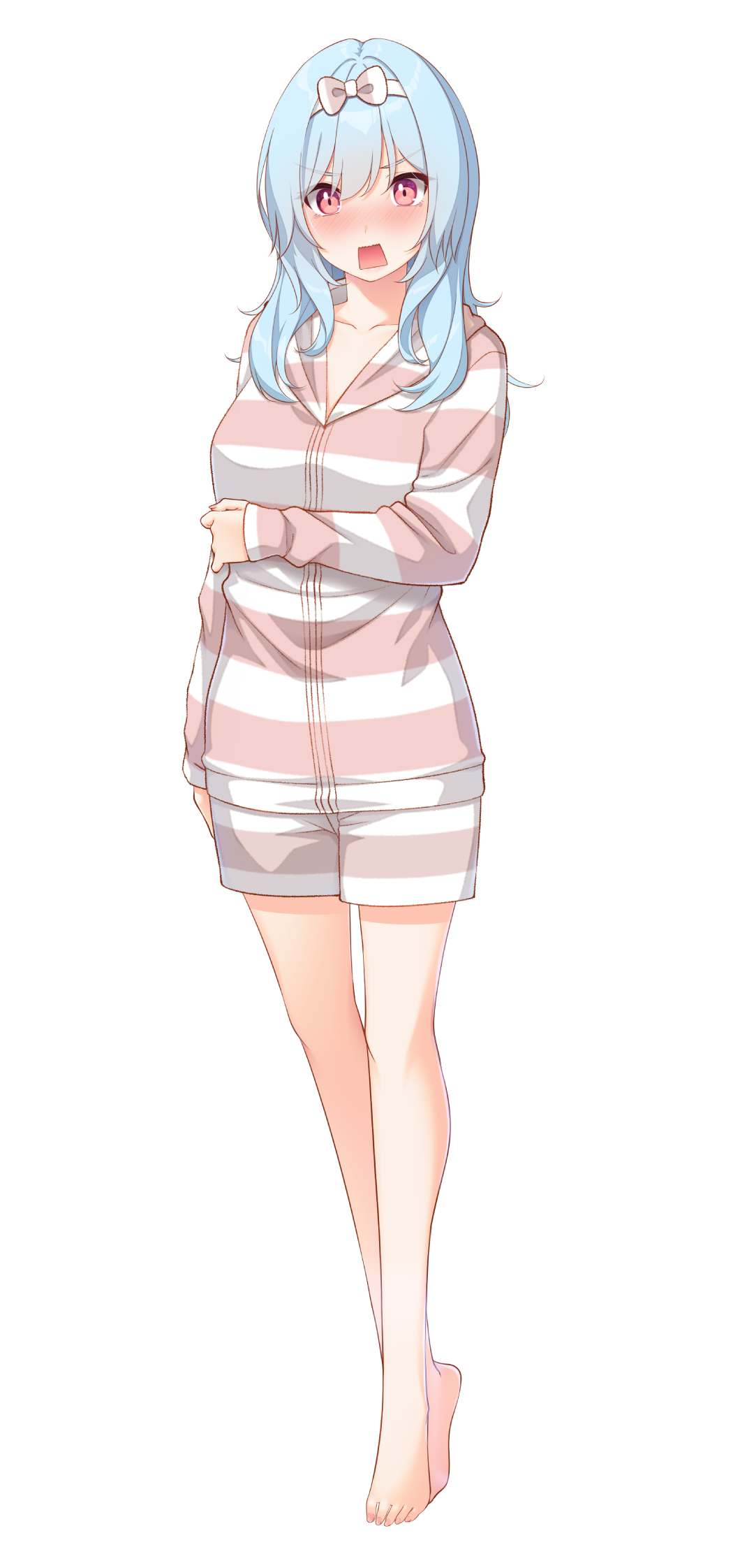 1girl, arm_under_breasts, barefoot, blue_hair, blush, copyright_request, full_body, go-1