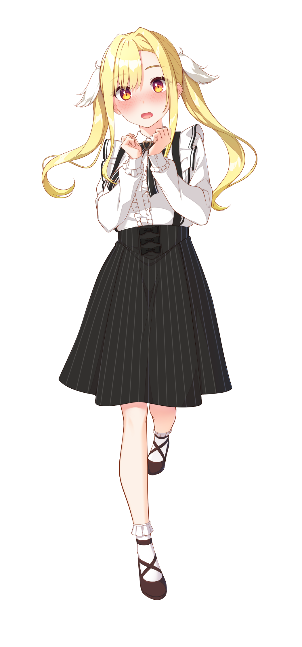1girl, amaeda_chiwa, asymmetrical_bangs, black_footwear, black_skirt, blonde_hair, blush, full_body