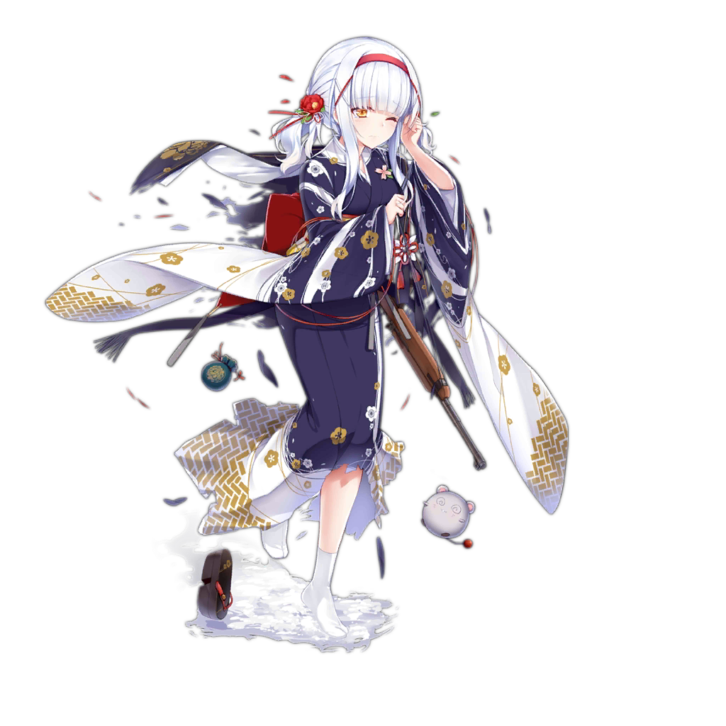 1girl, :d, @_@, animal_request, blue_bag, blue_kimono, closed_mouth, flower, flower_request, full_body, girls_frontline, hair_flower, hair_ornament, hairband, haluka_(aixioo), hand_up, holding, japanese_clothes, kimono, m1_carbine, m1a1_(girls'_frontline), m1a1_(red_plum_and_white_snow)_(girls'_frontline), multicolored_clothes, multicolored_kimono, no_eyewear, obi, official_alternate_costume, official_art, one_eye_closed, orange_eyes, red_hairband, sandals, sandals_removed, sash, simple_background, smile, snow, socks, solo, standing, standing_on_one_leg, tears, torn_clothes, torn_kimono, toy, transparent_background, white_hair, white_kimono, white_socks
