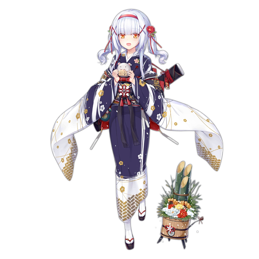 1girl, :d, animal_request, bamboo_shoot, blue_kimono, dinergate_(girls'_frontline), ema, flower