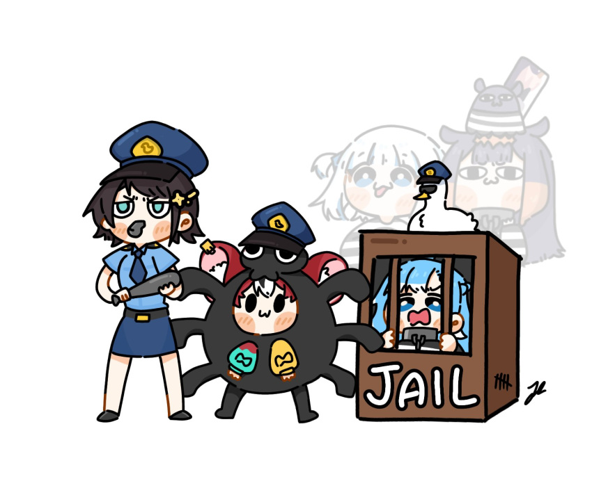 5girls, :3, alicemuyuki, animal_ears, baton_(weapon), bird, black_hair, blue_eyes