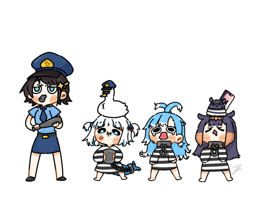 4girls, :<, alicemuyuki, anger_vein, ball_and_chain_restraint, baton_(weapon), belt, bird