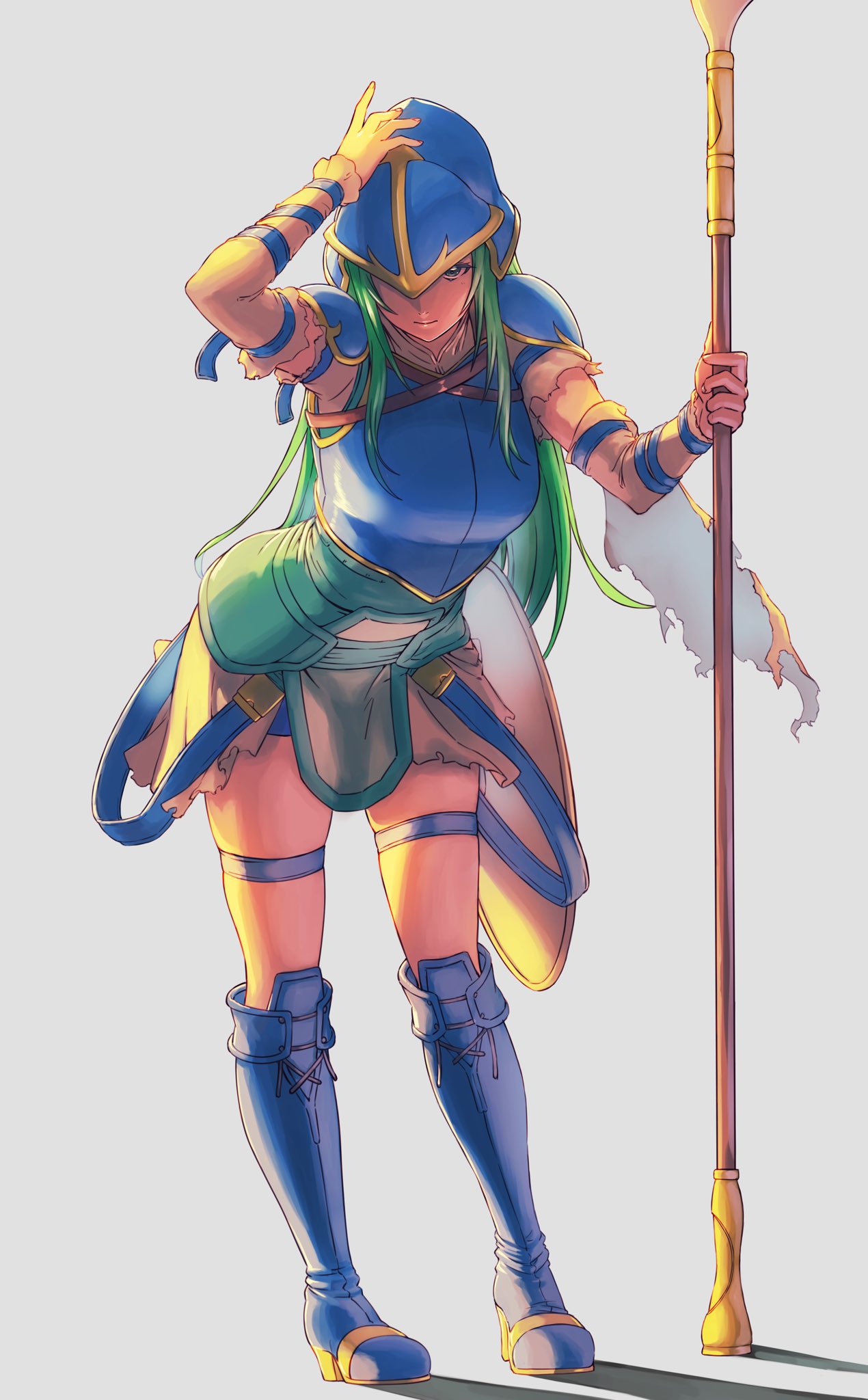 1girl, aduti_momoyama, armor, armored_boots, blue_armor, blue_footwear, boots, breastplate