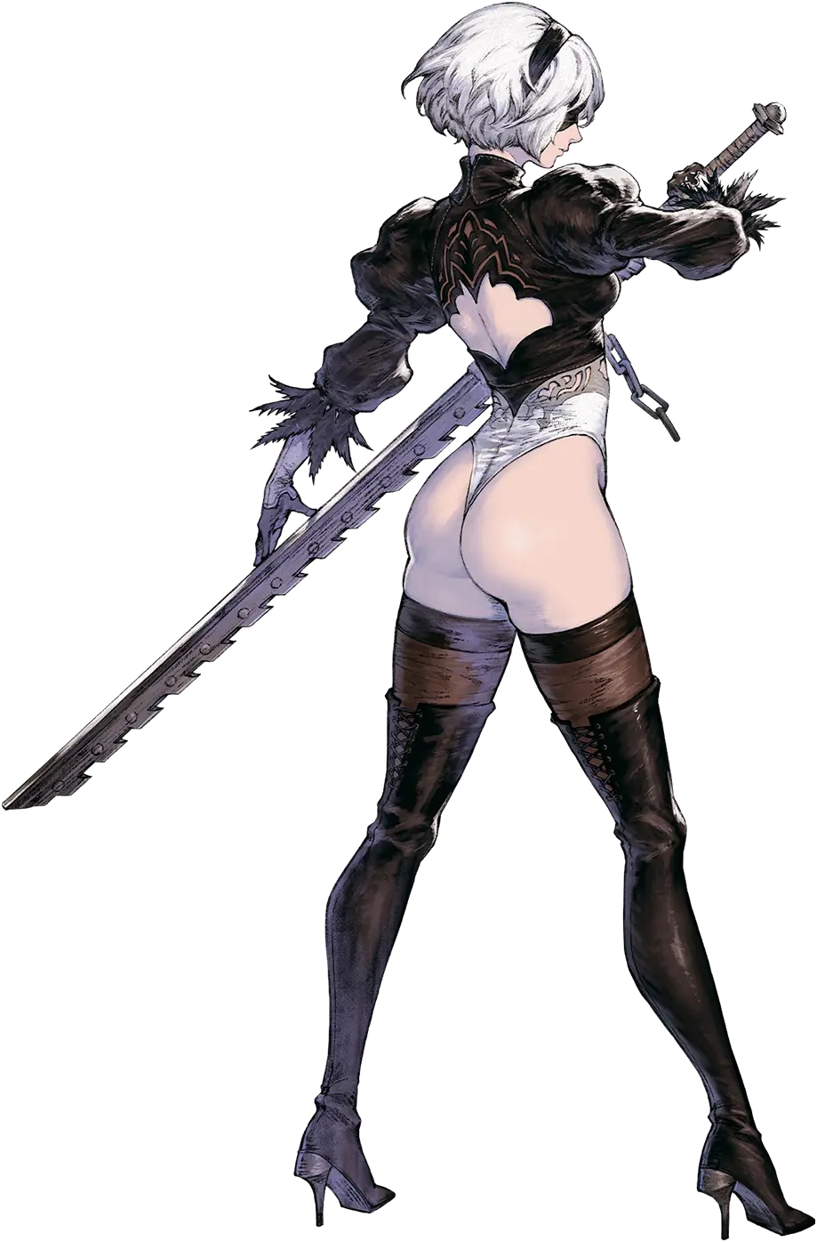 1girl, ass, back_cutout, black_blindfold, black_footwear, black_hairband, blindfold, boots