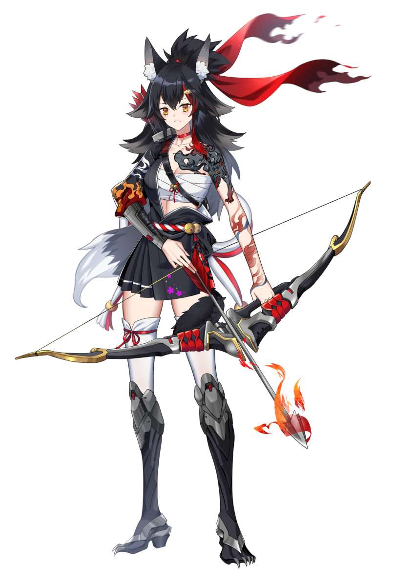 1girl, absurdres, animal_ear_fluff, animal_ears, arm_tattoo, arrow_(projectile), black_skirt, bow_(weapon), breasts, commentary, commission, cosplay, crossover, english_commentary, hair_between_eyes, hanzo_(overwatch), hanzo_(overwatch)_(cosplay), high_heels, highres, hololive, japanese_clothes, long_hair, looking_at_viewer, mechanical_parts, nyacifer, ookami_mio, overwatch, ponytail, second-party_source, simple_background, skirt, solo, tail, tail_around_leg, tail_wrap, tattoo, virtual_youtuber, weapon, white_background, wolf_ears, wolf_girl, wolf_tail, yellow_eyes