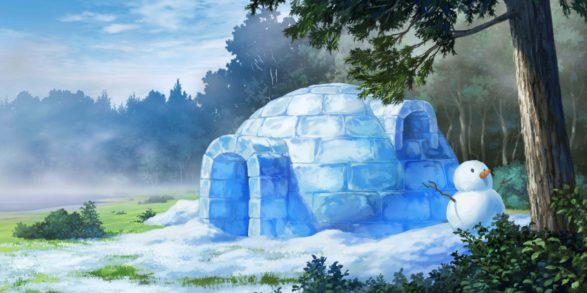 bush, carrot, clouds, day, forest, grass, highres, igloo