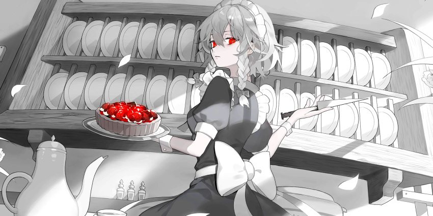 1girl, apron, back_bow, bow, braid, closed_mouth, cup, dress