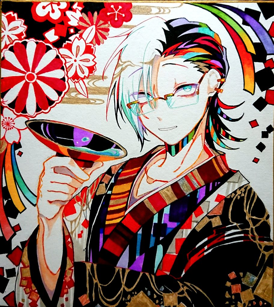 1boy, black_hair, blue_eyes, ear_piercing, flower, glasses, japanese_clothes, long_sleeves