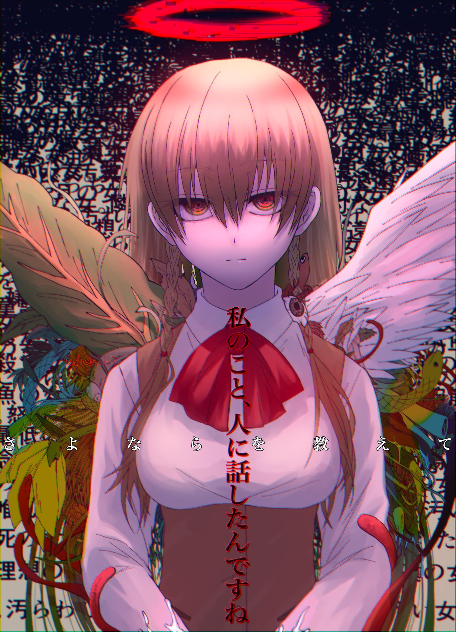 1girl, angel, braid, brown_hair, collared_shirt, commentary_request, expressionless, eyeball