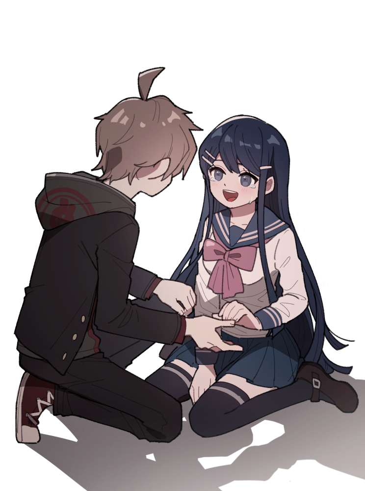 1boy, 1girl, ahoge, black_hair, black_jacket, black_pants, black_thighhighs, blue_sailor_collar