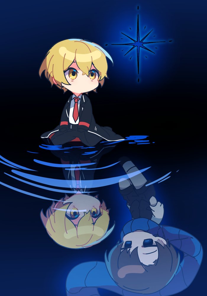 2boys, black_coat, black_gloves, black_hair, black_pants, black_shorts, black_vest, blonde_hair