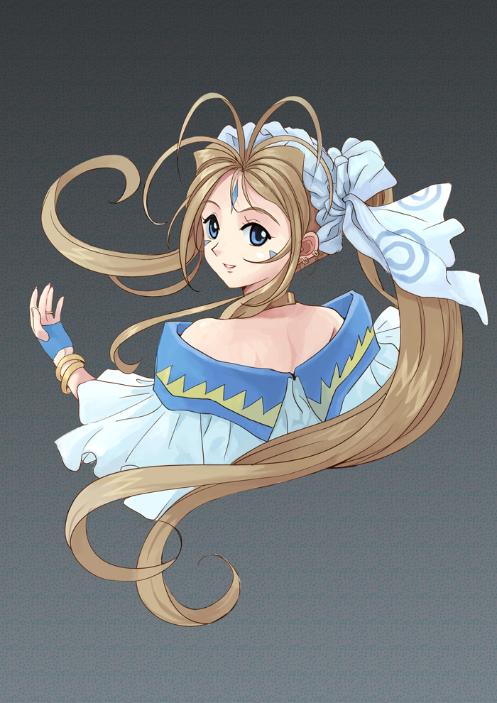 amg192003, belldandy, blue_eyes, brown_hair, facial_mark, forehead_mark, long_hair, looking_back