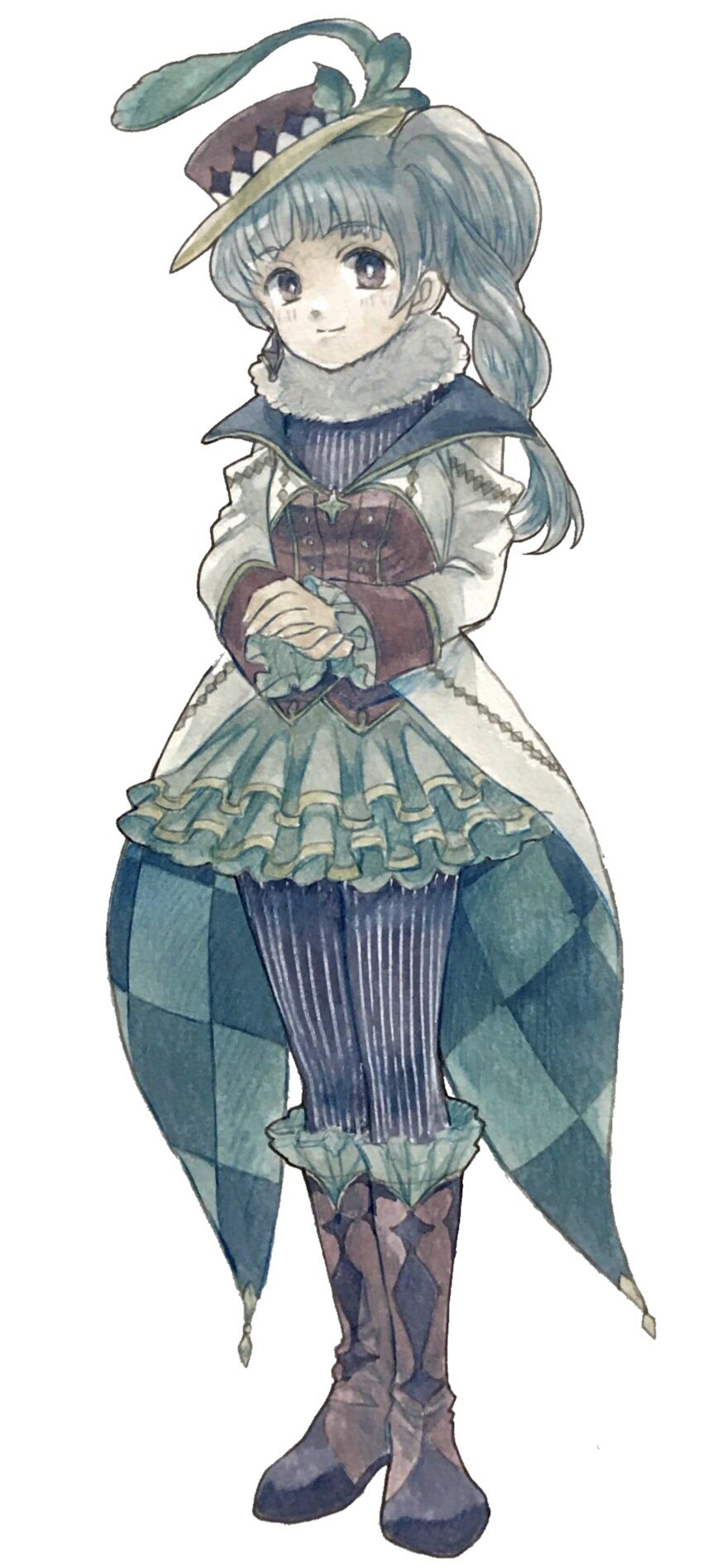 1girl, blue_hair, blue_pantyhose, blunt_bangs, blush, boots, brown_eyes, brown_footwear