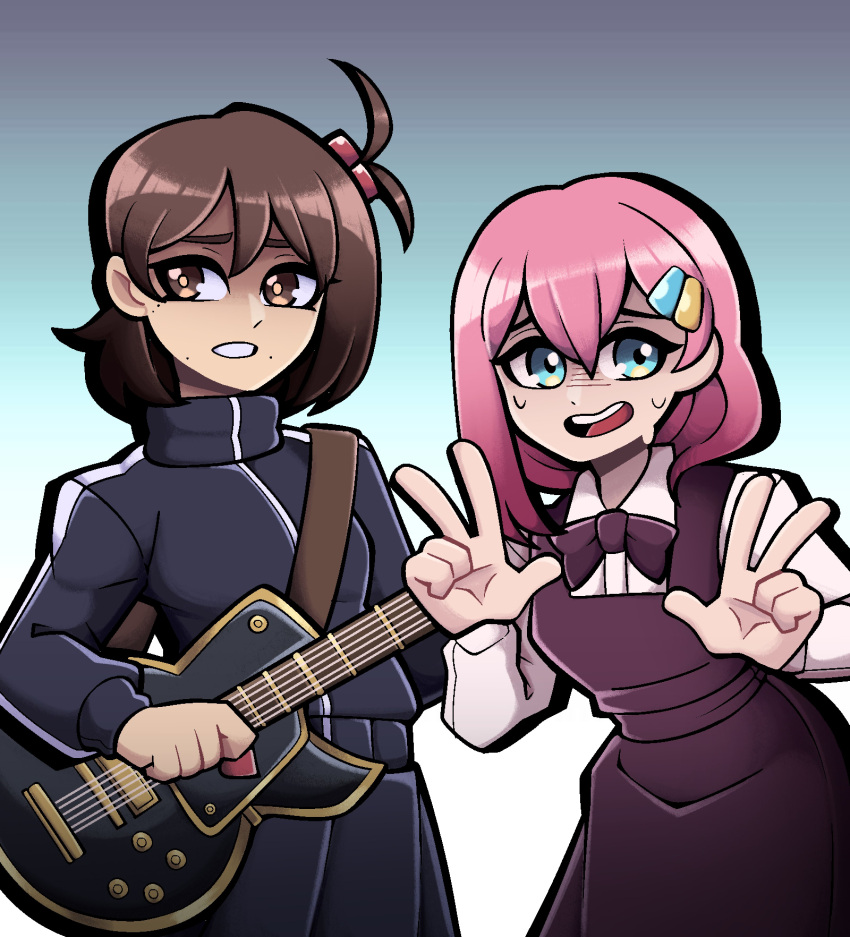 2girls, absurdres, adapted_costume, black_dress, blue_eyes, bocchi_the_rock!, brown_eyes, brown_hair