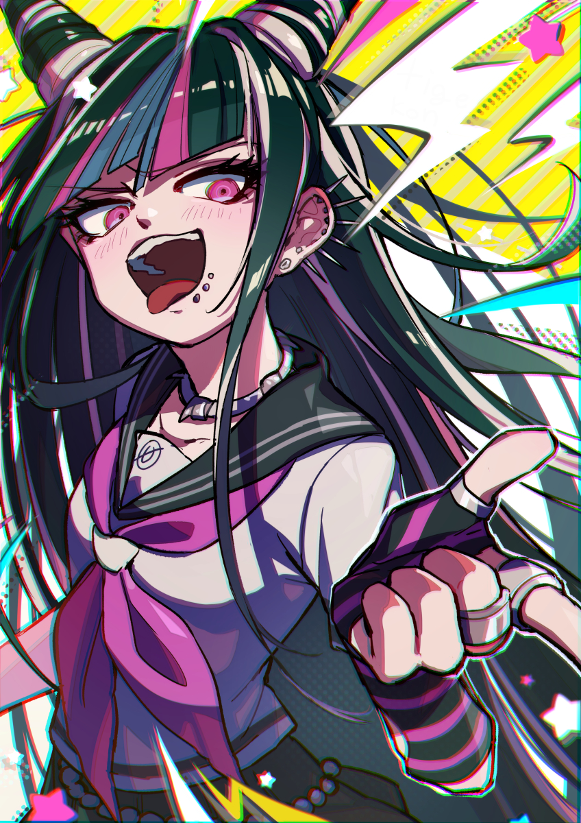 1girl, :d, black_hair, black_sailor_collar, cheeseko, danganronpa_(series), danganronpa_2:_goodbye_despair, ear_piercing, hair_horns, hand_up, highres, long_hair, looking_at_viewer, mioda_ibuki, multicolored_hair, open_mouth, piercing, pink_eyes, pink_hair, sailor_collar, school_uniform, short_sleeves, smile, solo, teeth, tongue, tongue_out, upper_teeth_only, white_hair